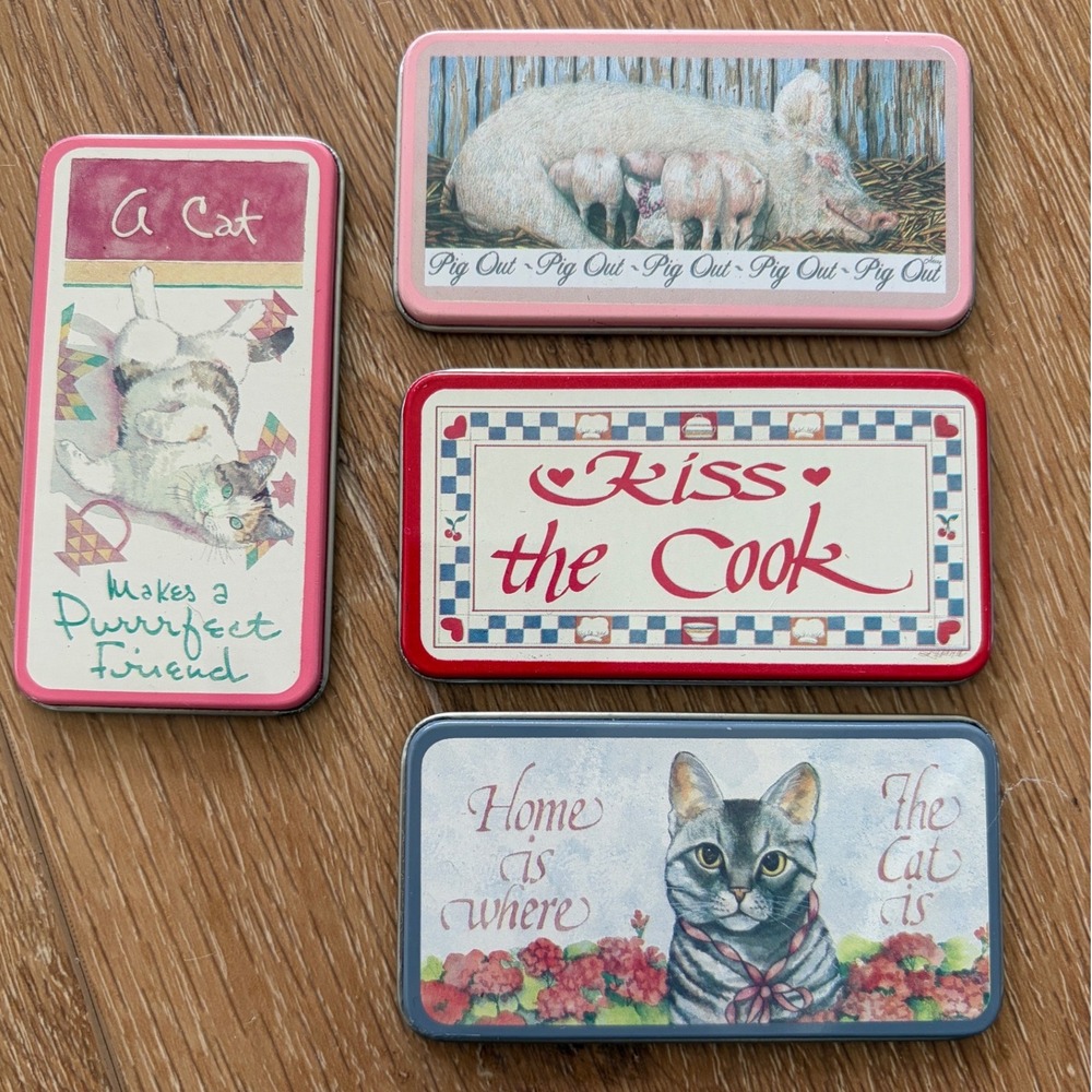 Vintage 1988 Figi Graphics Magnetic Metal Tins Set of 4 Cats Pig Kiss the Cook